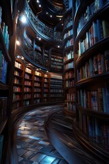 Poster - A long, narrow library with many bookshelves