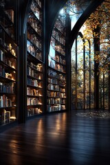 Poster - A large room with a lot of bookshelves and a window