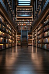 Poster - A library with a long staircase leading up to the shelves