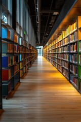Poster - A long library aisle with many books on the shelves