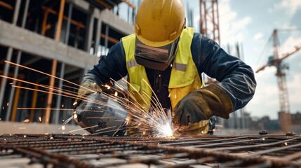 Poster - A man in a yellow vest is working on a construction site
