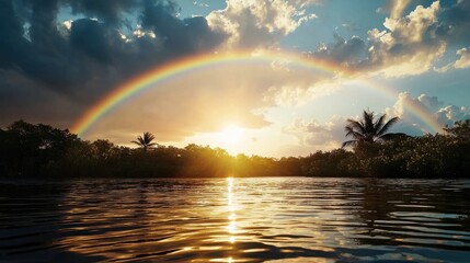 Poster - A beautiful rainbow is seen over a body of water