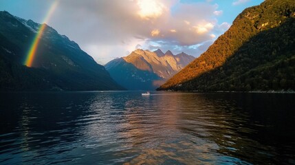 Aufkleber - A rainbow is seen in the sky above a lake