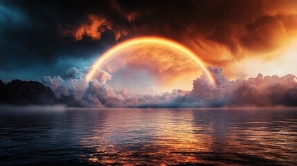 Poster - A rainbow is seen in the sky above a body of water