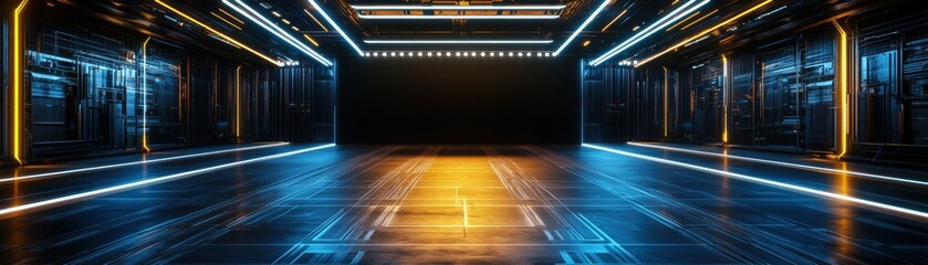 Poster - Dark room illuminated by colorful neon lights creating a futuristic and vibrant stage background atmosphere