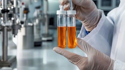 Aufkleber - A scientist is holding two orange test tubes in his gloved hands