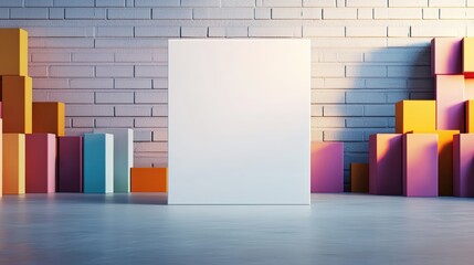 Poster - White blank paper standing vertically in front of a colorful wall of boxes creating a playful and dynamic composition