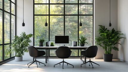 Poster - Modern office interior with large windows and plants.  Suitable for commercial use