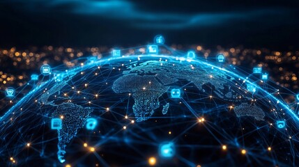 Poster - Global Network Connection Digital World Technology Internet Data Communication Abstract Blue Futuristic Innovation Digital World Map Network          