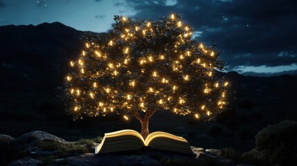 Poster - A tree with lights on it is sitting on top of an open book