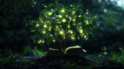 Poster - A tree with glowing leaves is sitting on top of an open book
