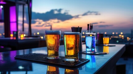 Aufkleber - A bar with a view of the city skyline and a few drinks on a counter