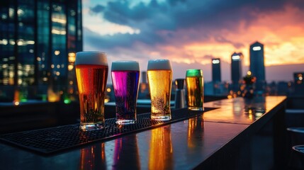 Aufkleber - A group of colorful beer glasses are on a bar counter