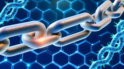 Fototapete - Futuristic Metal Chain Link with DNA Strand on Hexagon Background