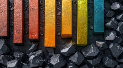 Poster - A series of colored bars are on top of a pile of rocks