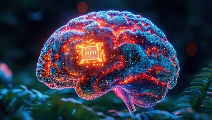 Aufkleber - Futuristic Brain Concept with Neon Colors and Integrated Circuit, Representing Artificial Intelligence and Advanced Technology in Digital Space