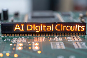 Poster - close up of electronic circuit board displaying AI digital circuits, showcasing intricate details and technology