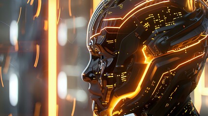 Poster - Futuristic android face with glowing orange light effects and metallic black surface, profile view against blurred technological background. Advanced robotics concept.
