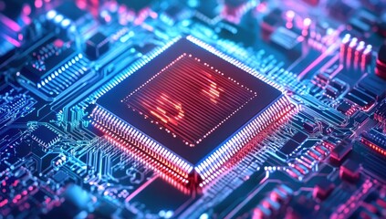 Poster - futuristic close-up of a microchip on a detailed circuit board with vibrant led lights showcasing te