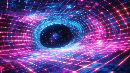 Poster - Futuristic Cosmic Tunnel 3D Rendering with Bright Neon Colors, Stars, and Abstract Patterns in Space for Science Fiction and Fantasy Themes