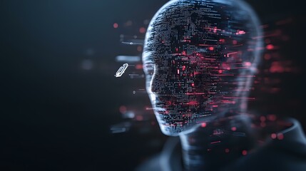 Poster - Digital head silhouette with glowing red data streams and particles emerging from face profile against dark background, representing artificial intelligence technology.