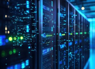 Poster - Futuristic Data Center with Visualized Network Connections and Glowing Server Racks in a High-Tech Environment