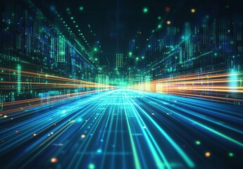 Poster - Futuristic Digital Landscape with Bright Lights and Data Flow Creating a Sense of Speed and Technology in a Virtual Environment