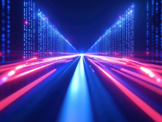 Poster - Futuristic Digital Light Pathway with Neon Lines, Abstract Visualization of Data Flow and Technology in a Cyber Environment