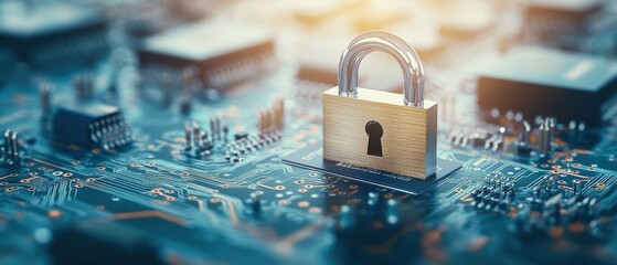 Poster - Padlock set on an electronic circuit board illustrating the concept of cybersecurity and data protection in technology