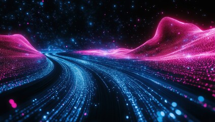Poster - futuristic digital landscape with vibrant glowing particles and waves in pink and blue shades, repre