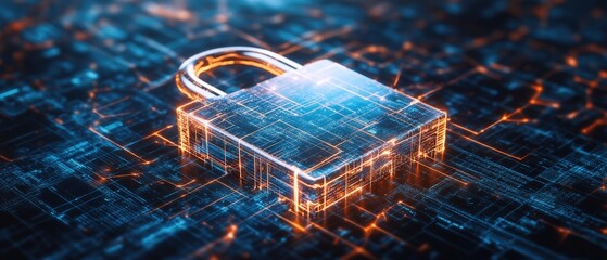Poster - A metallic padlock resting on a circuit board illustrating cyber security and digital protection from online threats