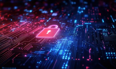 Poster - Futuristic Digital Network with Neon Lock Symbol Depicting Cybersecurity, Data Protection, and Modern Technology Concepts in a Vibrant Setting