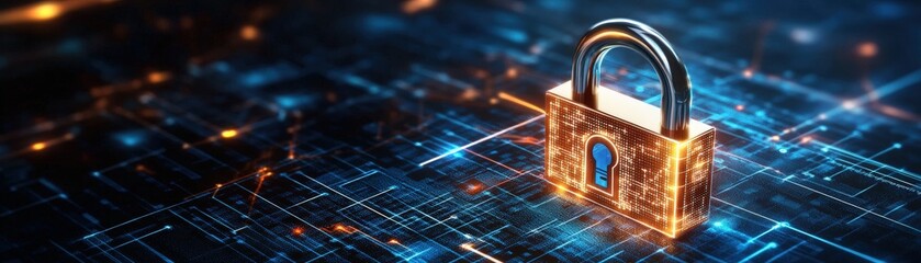 Poster - A lock positioned on a complex circuit board illustrating cyber security technology and strategies against digital fraud