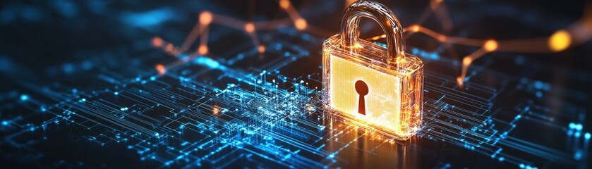 Poster - A padlock resting on a circuit board demonstrating cyber security technology designed to prevent digital fraud attacks