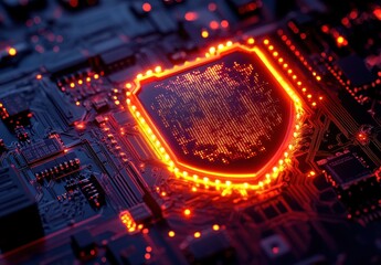 Aufkleber - Futuristic Digital Shield Concept Displayed on High-Tech Circuit Board with Bright Orange Glow and Geometric Patterns Representing Cybersecurity Protection