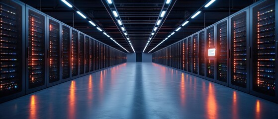 Poster - High-tech server room with multiple rows of servers indicating advanced cybersecurity infrastructure and network systems