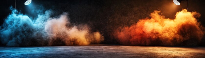 Poster - Smoky stage setting with thick fog creating a mysterious performance environment on a concrete floor