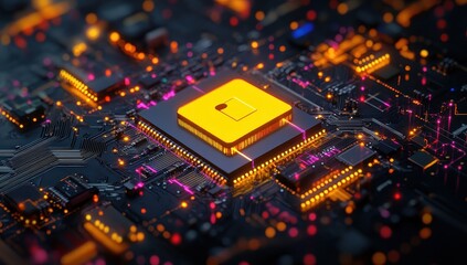 Poster - Futuristic Microprocessor with Glowing Elements and Complex Circuitry in a Dark Background Capturing High-Tech Innovation and Digital Technology Concepts