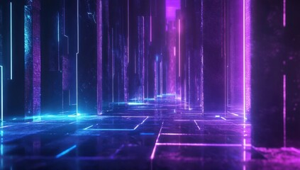 Poster - Futuristic Neon Corridor with Glowing Lights and Reflections, Perfect for Sci-Fi Themes, Technology, and Abstract Backgrounds