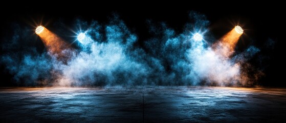 Poster - Stage with smoke and spotlights creating a dramatic visual experience for an artistic performance on concrete