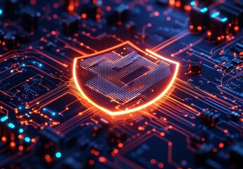Poster - Futuristic Network Security Concept with Neon Shield and Circuit Board Background Representing Cyber Protection and Data Safety in Digital Space