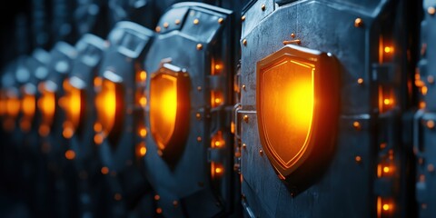 Poster - Futuristic security shields illuminated with glowing orange lights, providing a sense of protection and safety in a high-tech environment