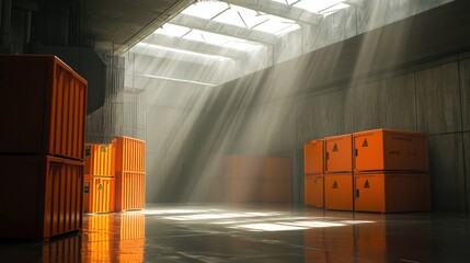 Poster - sunlight streaming through warehouse roof, illuminating orange storage containers in shadows
