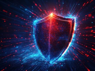 Poster - Futuristic Shield with Dynamic Light Effects in Blue and Red Colors Representing Protection, Security, and Digital Technology Themes
