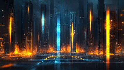 Poster - Futuristic Urban Landscape with Neon Lights, Digital Architecture, High-Tech City, Abstract Design, Dark Environment, Glowing Elements