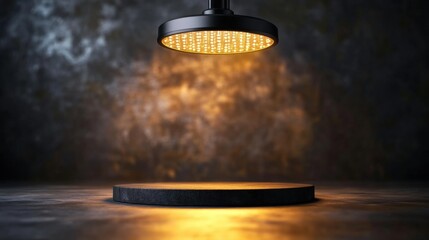 Poster - Light fixture positioned on a table creating an aesthetic ambiance in an empty studio space with defocused view
