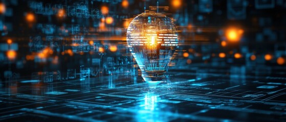 Poster - Light bulb placed on a digital circuit board representing innovation and ideas in a photorealistic environment