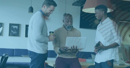 Poster - In office, three men discussing work using laptop and viewing animation