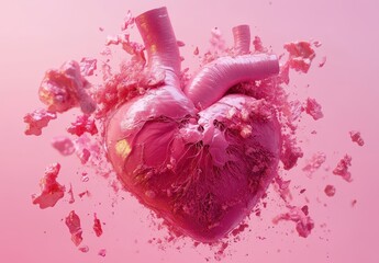 Poster - Heart Explosion in Vibrant Pink Color with Abstract Elements and Textures Representing Emotion, Passion, and Vibrancy in Artistic Style