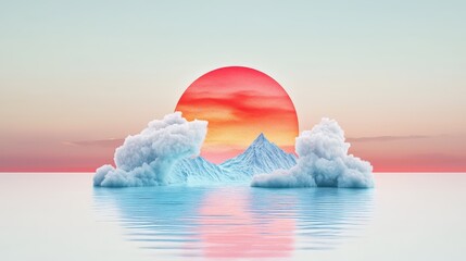 Poster - 3D-rendered sunset emblem, stylized half-sun with soft rays, peaceful and clean, professional-grade stock image